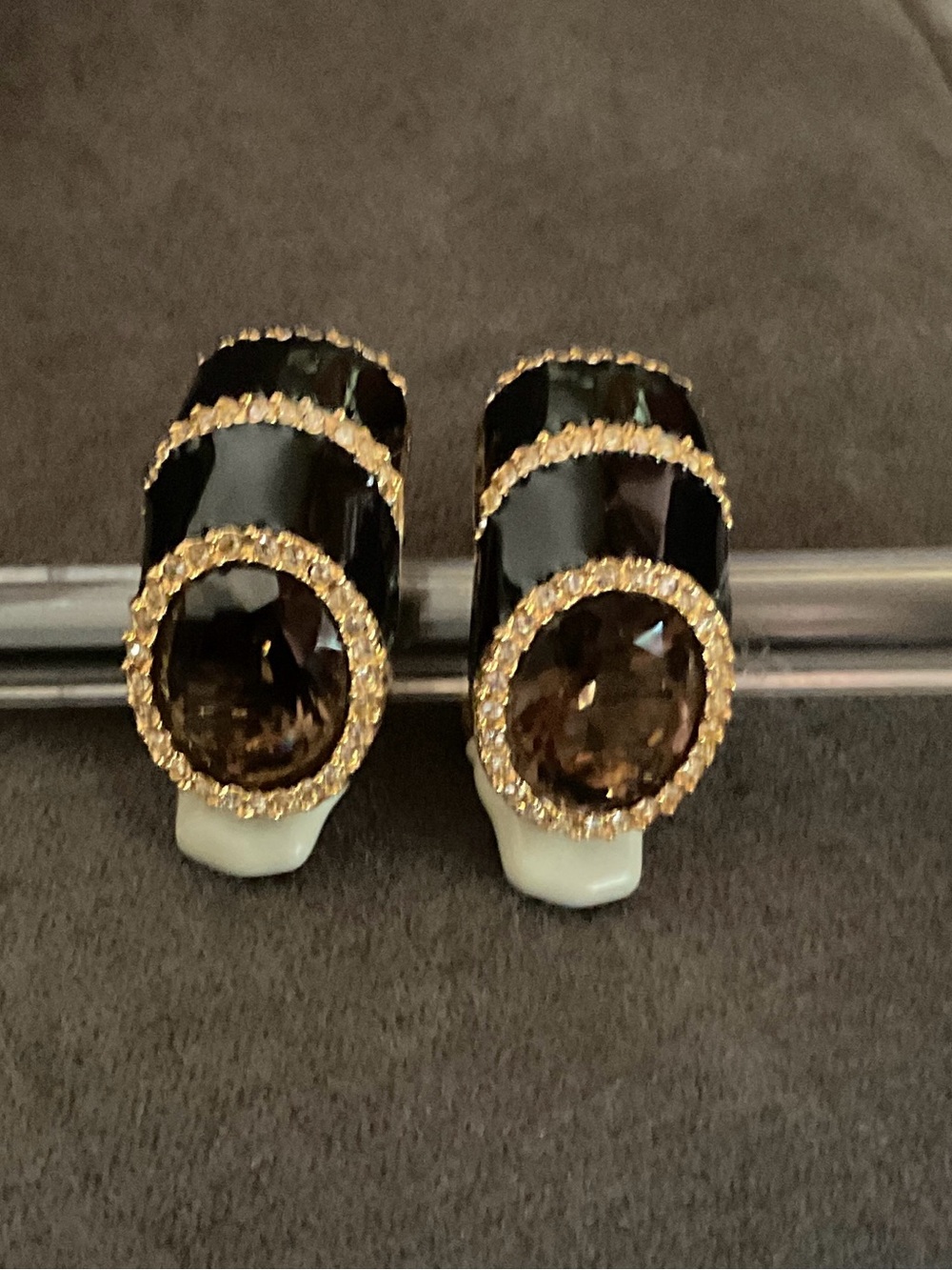 VTG Gold Tone, Black Enamel, Faux Smoky Topaz Quartz and Crystal Rhinestones.